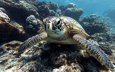 Fototapeta premium Underwater close-up of a sea turtle on a coral reef.