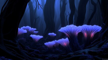 Glowing mushrooms in dark forest, mystical scene, fantasy art, game background