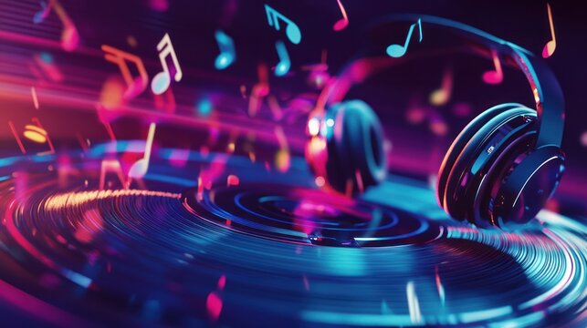 Headphones, vinyl, music notes, party, neon, digital art, audio, entertainment