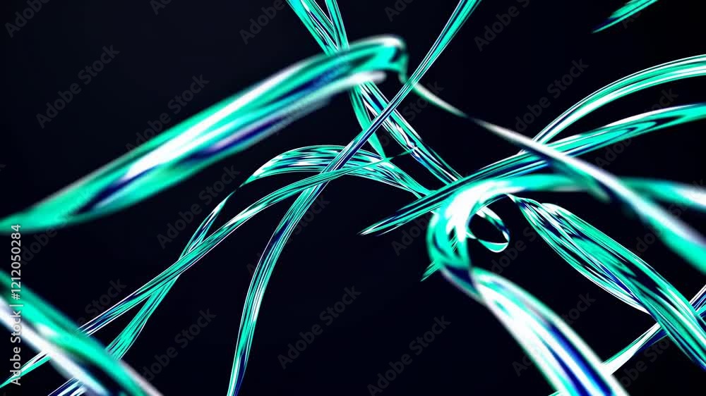 Poster intricate patterns of blue and teal ribbons swirling in dynamic motion against a dark background