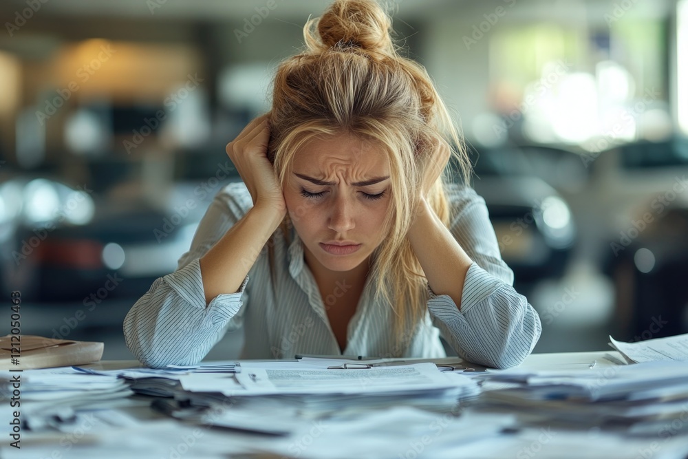 Aufkleber a person sitting at a desk with multiple papers and possibly doing paperwork or accounting tasks