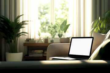 Fototapeta premium Laptop with blank screen on a comfy armchair near window with natural light and plants in a cozy home office setting perfect for mockup or branding content