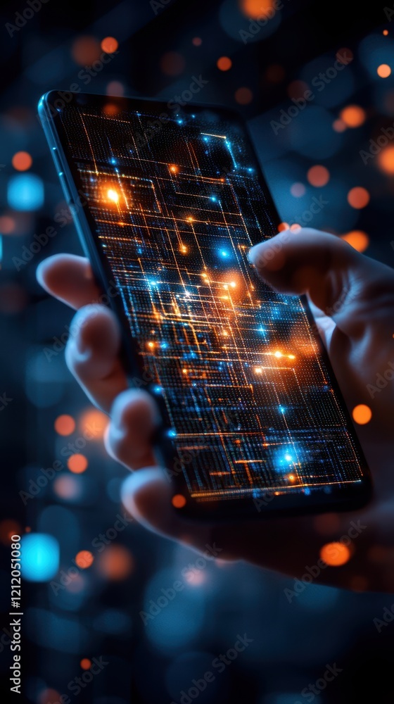 Poster close-up of a hand holding a smartphone displaying a glowing digital workflow interface, business en