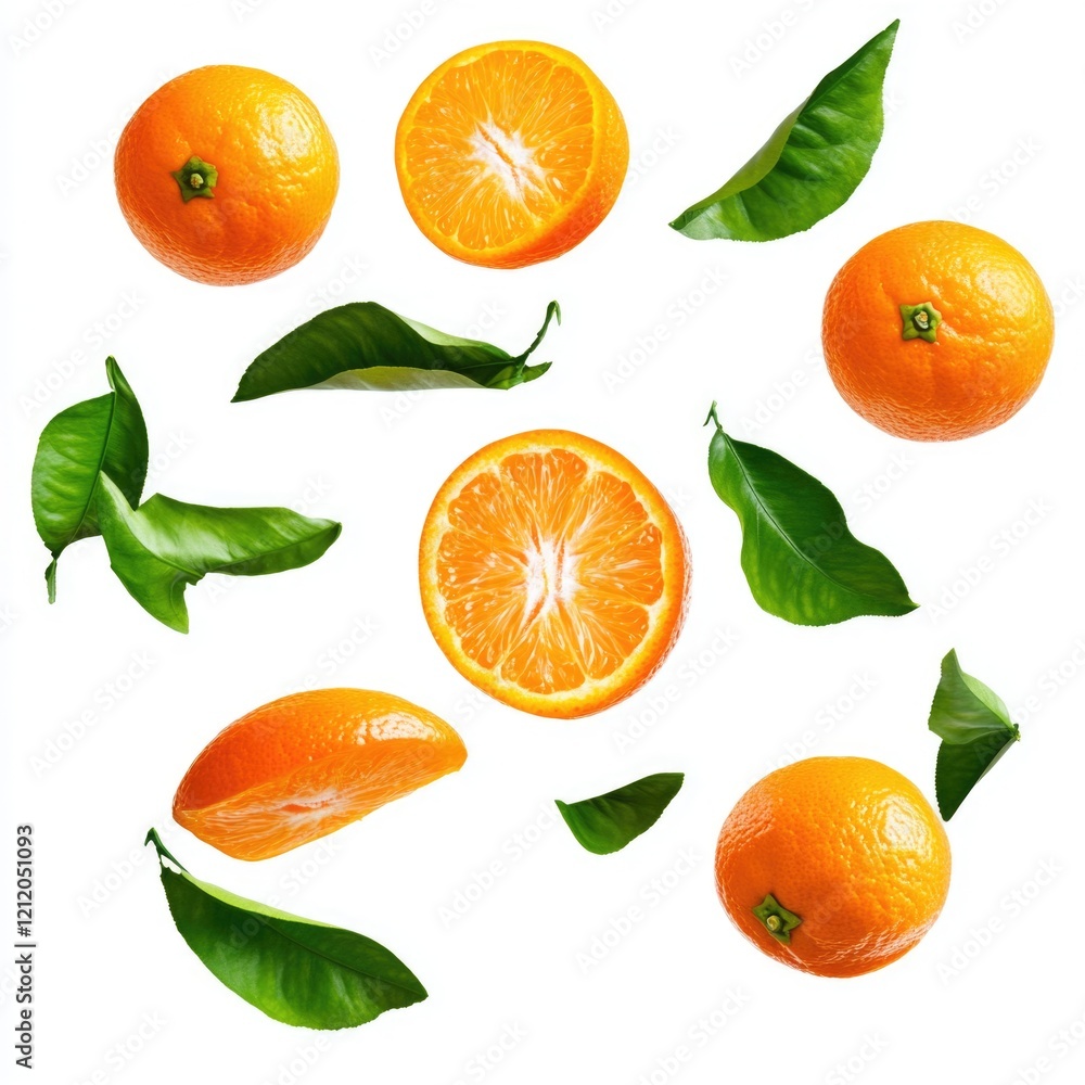 Poster fresh oranges and fallen leaves arranged in a circular pattern on a white background