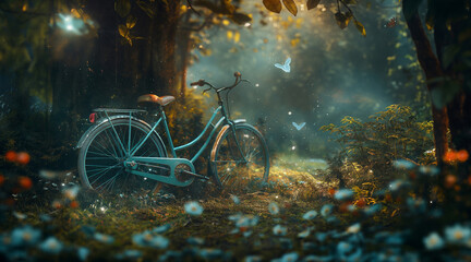 Fototapeta premium Romantic Biking Adventure Through an Enchanted Forest with Butterflies