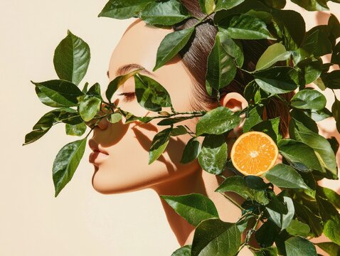 Citrus Blossom Beauty: A woman's face is partially obscured by vibrant green citrus leaves and a juicy orange slice, creating a captivating image that evokes natural beauty and freshness. 