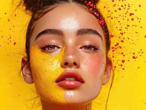 Golden Radiance: A close-up portrait of a young woman with half her face adorned in vibrant yellow paint, set against a bold yellow background.  The image is full of contrasts.