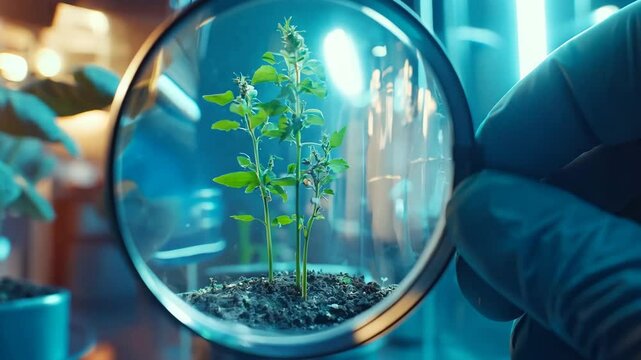 A close-up of a young plant being examined through a magnifying glass in a laboratory setting. The scene highlights scientific research, biotechnology, and the study of plant growth under controlled 