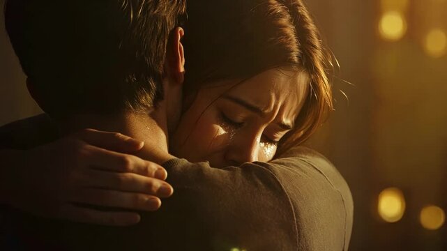 A deeply emotional embrace between two individuals, captured in warm, low lighting. The image conveys themes of comfort, support, and shared vulnerability.