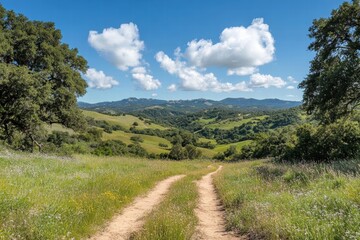 Fototapeta premium Hiking trail green hills blue skies outdoor