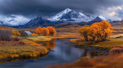 Fototapeta premium Winding river flows through an autumn valley with a rustic cabin and snow-capped mountains under a dramatic stormy sky.