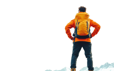 Traveler with backpack on snowy mountain peak, cut out
