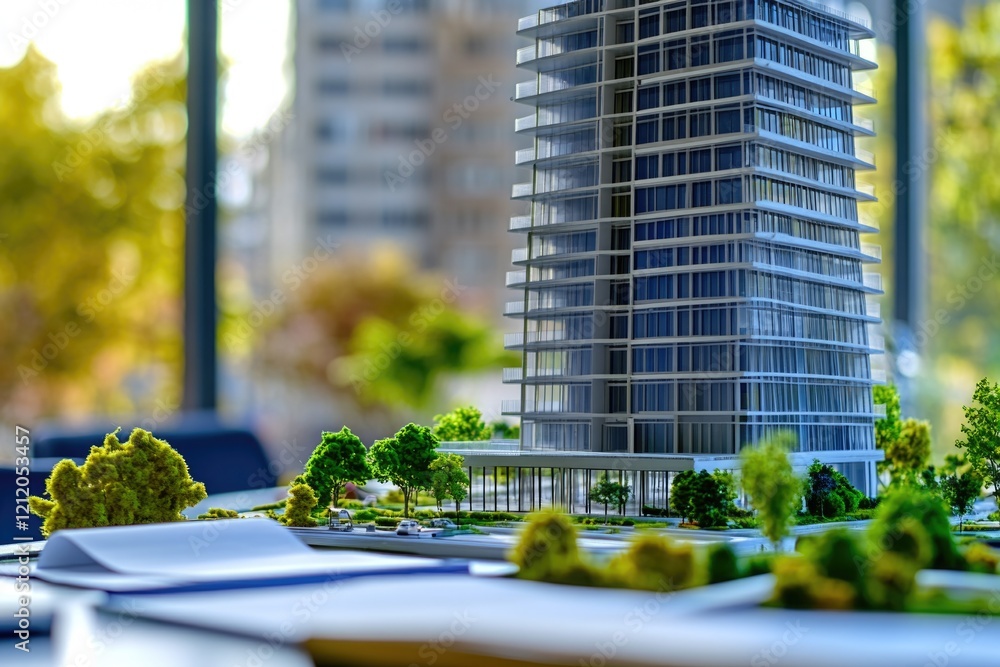 Poster a miniature building model placed on a table, suitable for architectural or design purposes