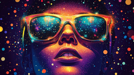 Female wearing vibrant cool cosmos neon glasses in dj late nightlife party enjoying carefree joyful movements 