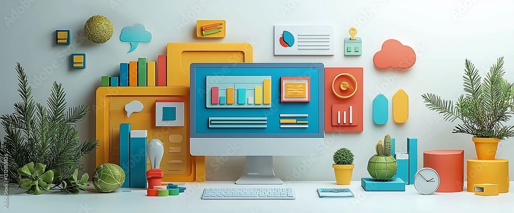 Poster Colorful desktop with computer showing data analytics charts, surrounded by plants and geometric shapes.