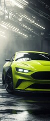 Lime Sports Car in Industrial Garage