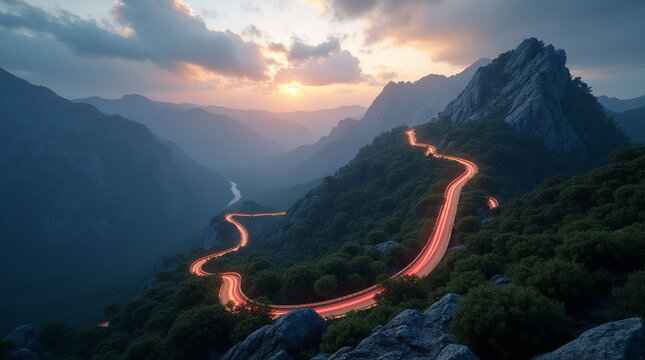 Twilight Adventure: Panoramic View of a Winding Illuminated Mountain Road Surrounded by Lush Greenery