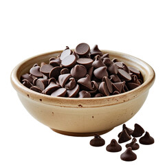 Chocolate chips bowl, bowl of Choco chips isolated on transparent background