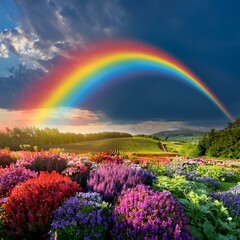 雨上がりの晴れに虹がかかている、いろいろな色の草花がある風景