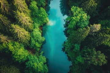 Fototapeta premium Top-down view of a dense tropical forest with a river cutting through, showcasing vibrant greenery and natural beauty,