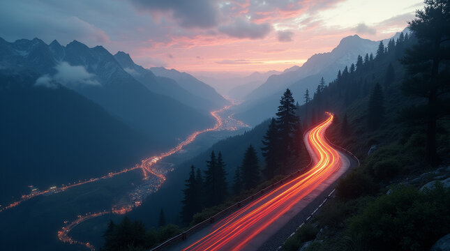 A Serene Journey: Close-Up Photography of a Winding Mountain Road Illuminated at Dusk