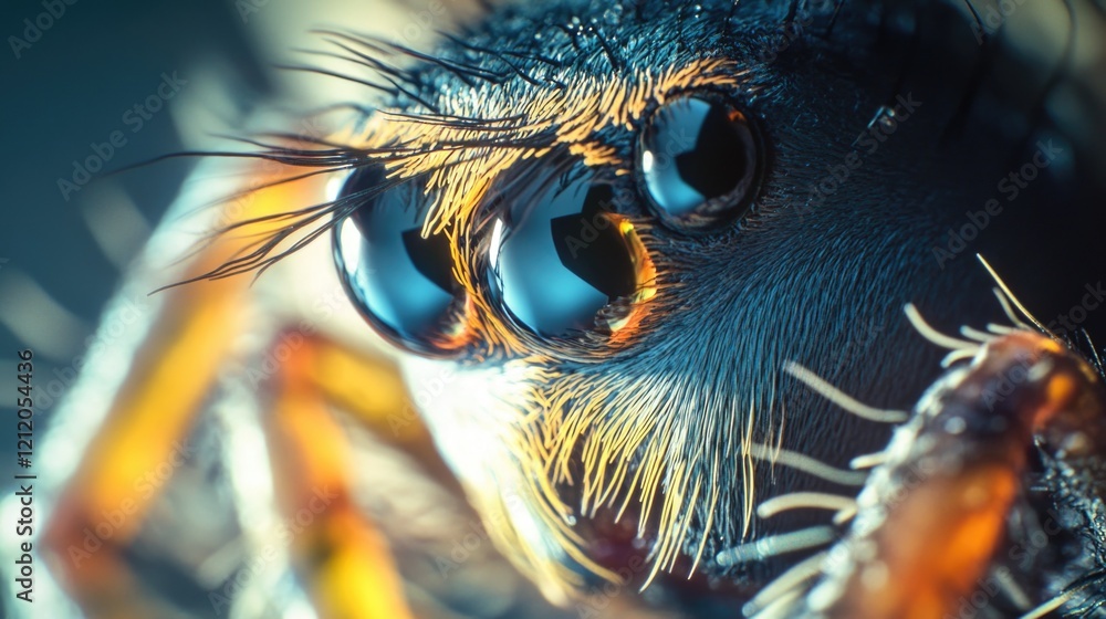 Poster A close-up view of a spider's face with its eyes open, suitable for use in insect-related or nature-themed projects