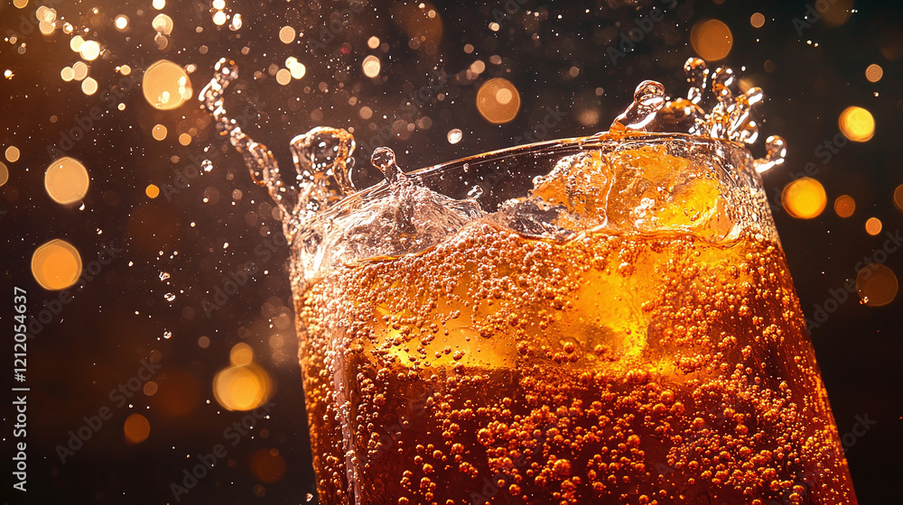 Poster close-up of effervescent soda bubbles rising in a sparkling golden light background, creating a refr