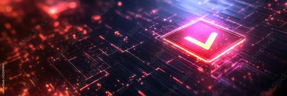 Poster wide futuristic interface design, focus on glowing approval icon, seamless integration with abstract