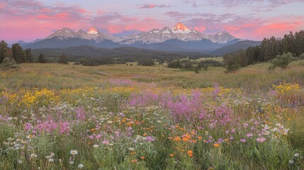 Fototapeta premium Sunrise illuminates wildflowers, mountains, and valley. Peaceful nature scene for travel brochures