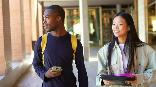 Multiracial students talking walking along university