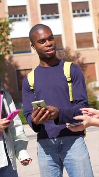 Distracted multi-ethnic students chatting at the entrance of the university