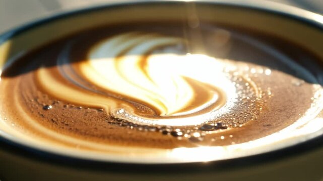Sunlight reflecting on latte art in coffee cup