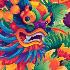 Fototapeta premium A colorful illustration of a dragon's face surrounded by tropical flowers and leaves.