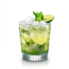 A vibrant caipirinha cocktail with muddled lime and sugar, served in a short glass with crushed ice, the liquid clear and refreshing