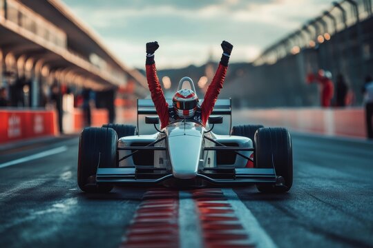 Formula one pilot celebrating victory raising arms inside his car