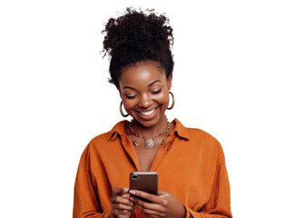 Happy woman using cell phone