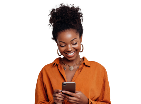 Happy woman using cell phone