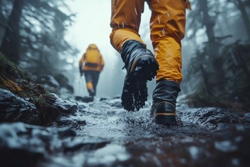 Hikers wearing waterproof clothes walking in the rain in a mountain forest