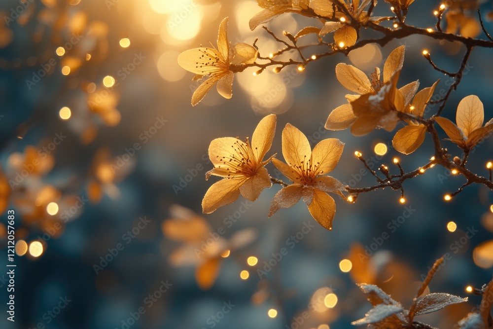 Poster a detailed view of a tree with bright yellow flowers, perfect for highlighting spring or summer them