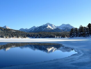 Tranquil Frozen Lake Reflecting Clear Blue Sky and Snow-Capped Mountains