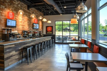 Modern coffee shop interior design with bar, stools, tables and large windows