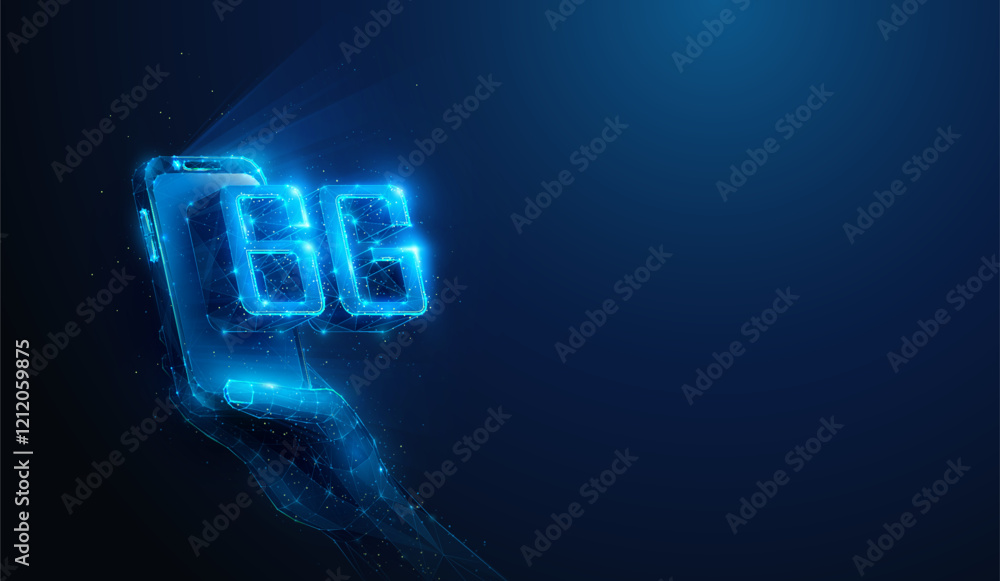 Poster abstract illustration of low poly 6g wireless mobile network smartphone in hand. blue geometric back
