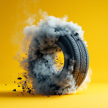 un neum&aacute;tico rociando humo y escombros sobre un fondo amarillo brillante, 