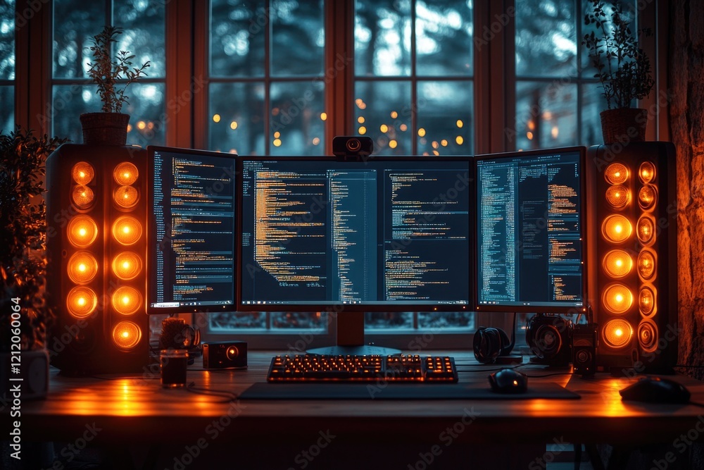 Poster a modern office setup with a desk, two monitors, and a keyboard