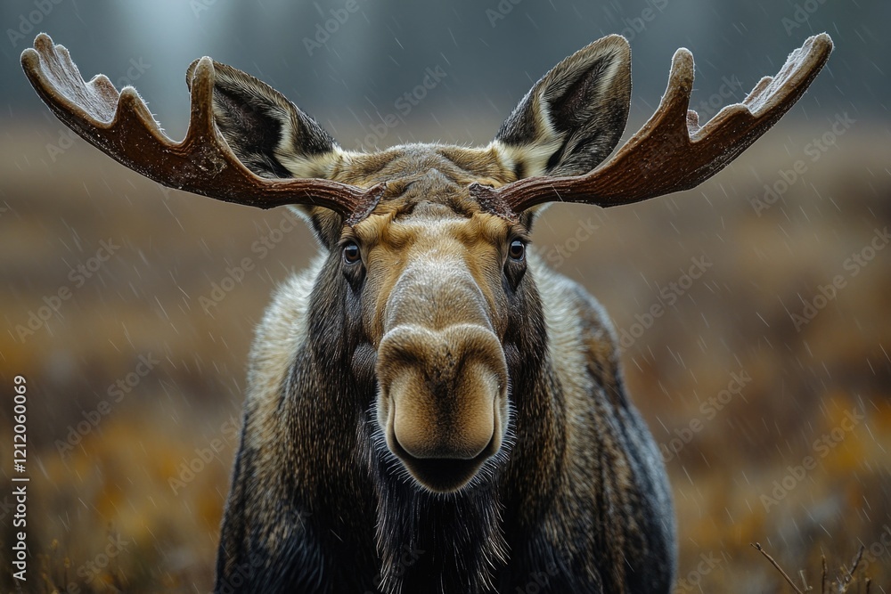 Poster a close-up view of a moose standing in the rain