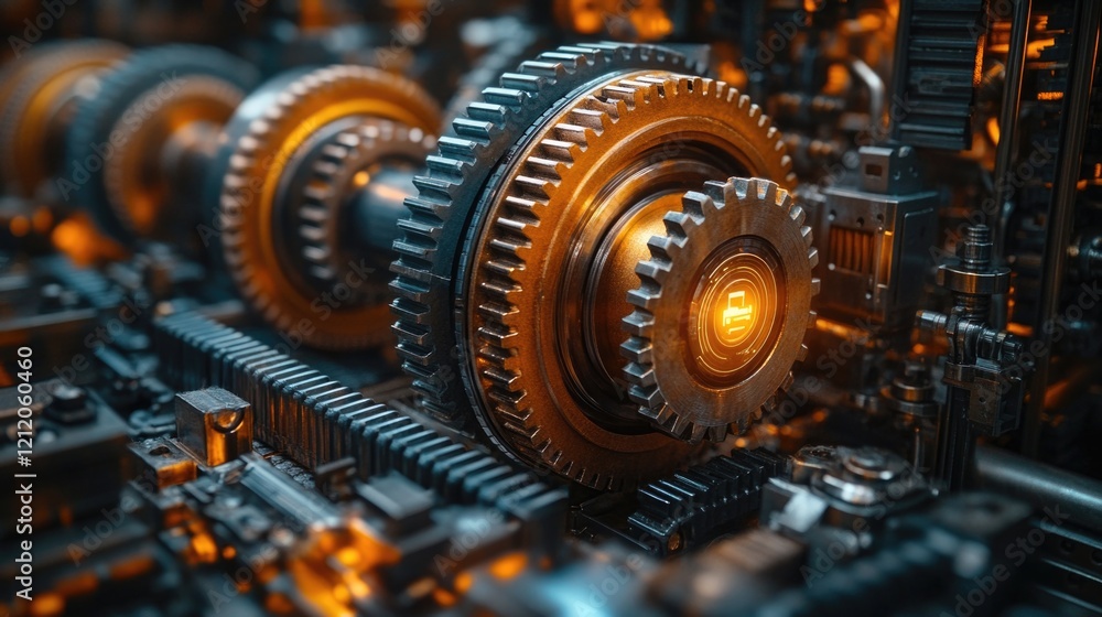 Poster a detailed view of mechanical gears on a machinery component