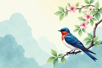 Fototapeta premium A Vibrant Blue Bird Perched on a Blooming Branch Against a Serene Mountain Landscape