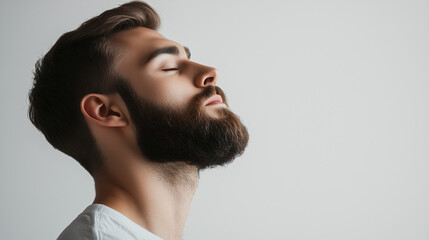 Retrato de hombre con ojos cerrados y con barba arreglada