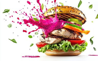 A flying neon green burger bun with a vibrant pink dragon fruit sauce splashing around, stacked with grilled chicken, lettuce, and colorful bell peppers, on a clean white background