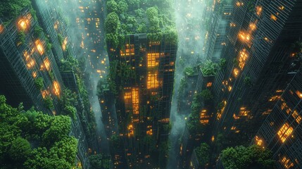 Futuristic cityscape with overgrown skyscrapers illuminated by glowing windows amidst a misty atmosphere